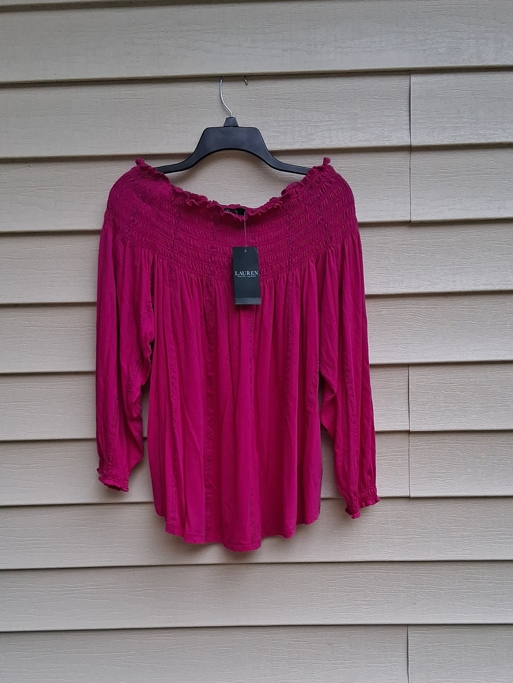 Lauren Ralph Lauren Fuchsia Off-Shoulder Smocked Yoke Blouse